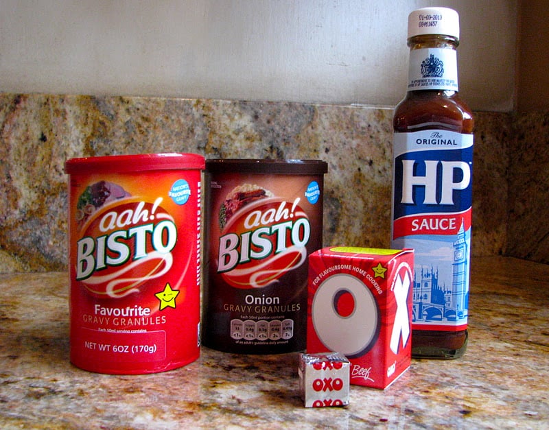 British products for meat dishes: two types of Bisto granules, Oxo cubes and HP Sauce