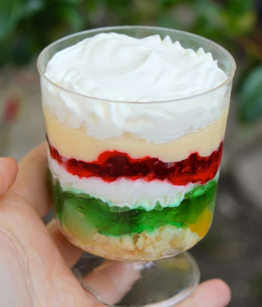 Christmas trifle in hand with green, white and red layers