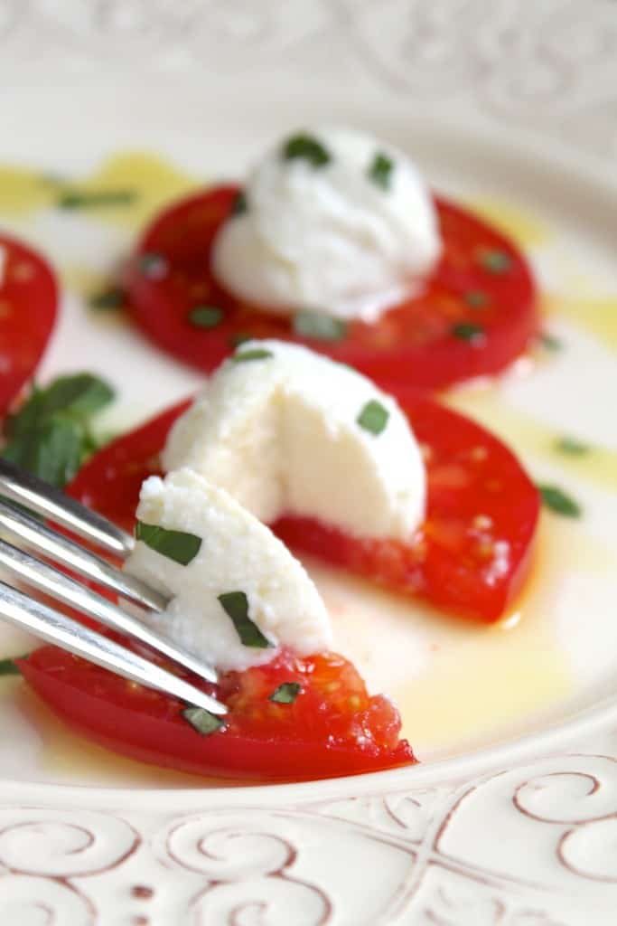 Tomato with Ricotta and Basil Antipasto appetizer with forkful