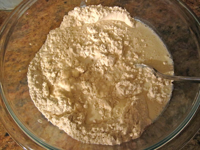 dry ingredients with milk for overnight waffles
