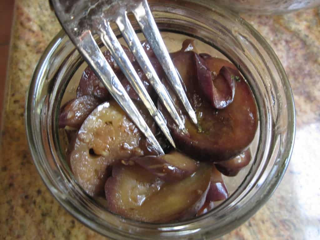 pickled eggplant aubergines in a jar