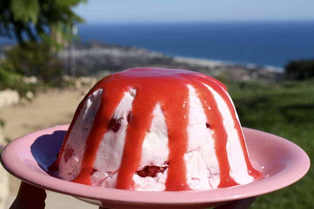 Frozen Strawberry, Yogurt and Meringue Dessert with Strawberry Coulis in Malibu
