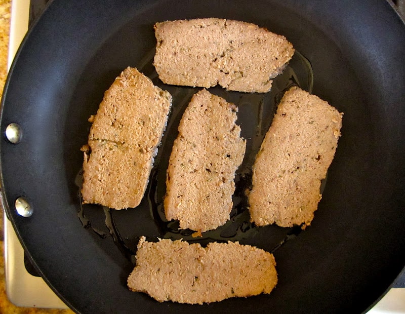 browning off homemade Greek gyro meat in a nonstick pan