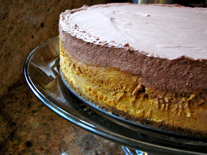 two layers of pumpkin cheesecake and chocolate mousse thanksgiving dessert