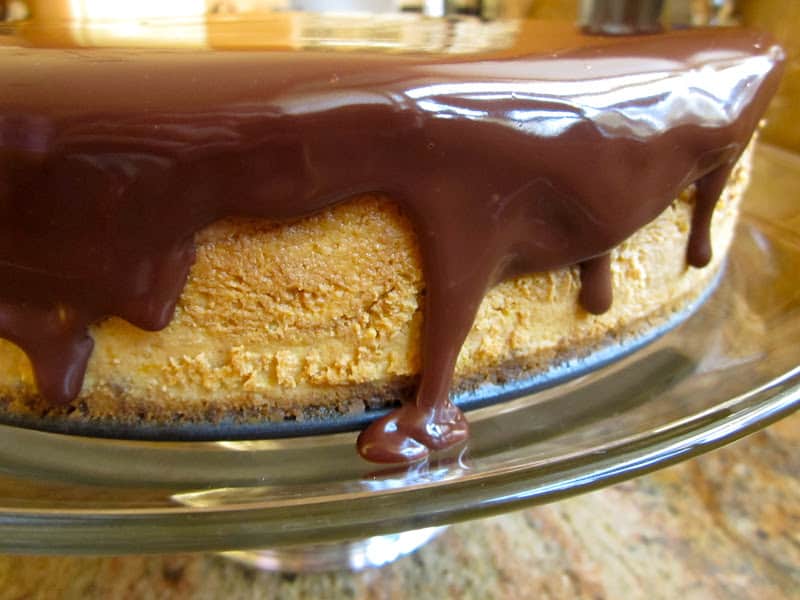 pumpkin cheesecake and chocolate mousse topped with chocolate ganache recipe thanksgiving dessert