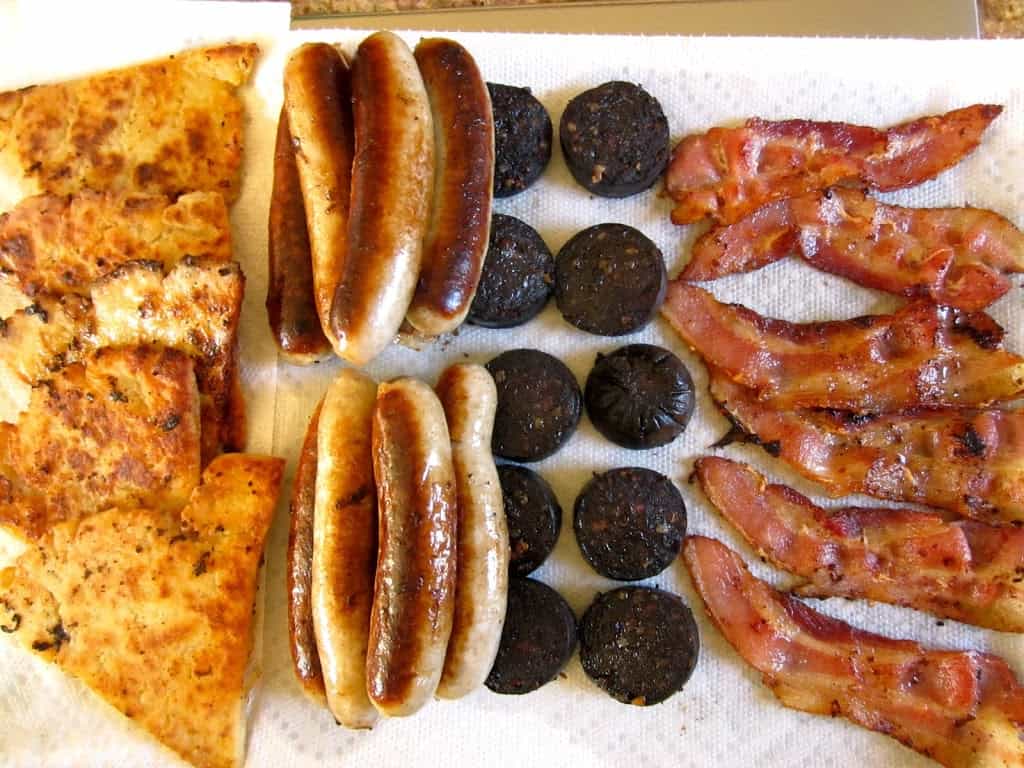 potato scones, sausages, black pudding and bacon