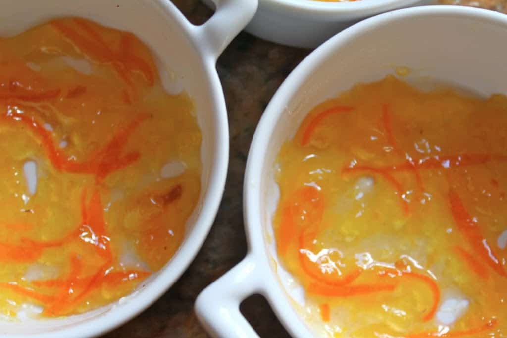 marmalade in bottom of two ramekins
