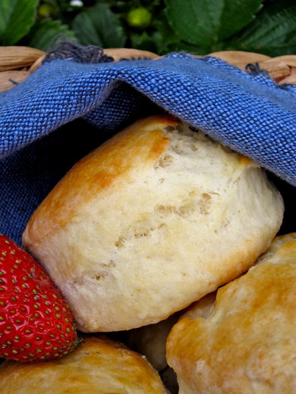 afternoon tea scones in a basket with blue napkin