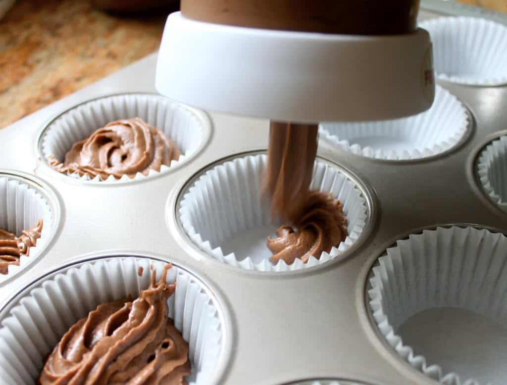making buttermilk chocolate cupcakes with a batter dispenser