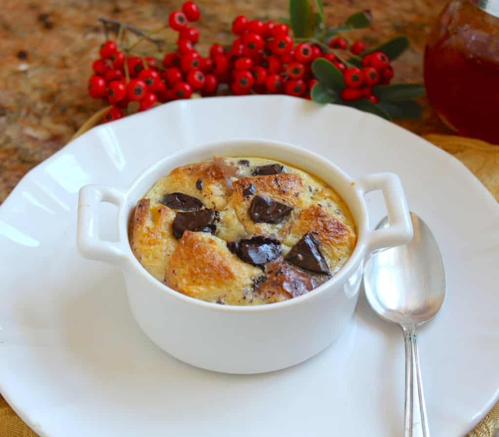 serving an orange and dark chocolate bread pudding 