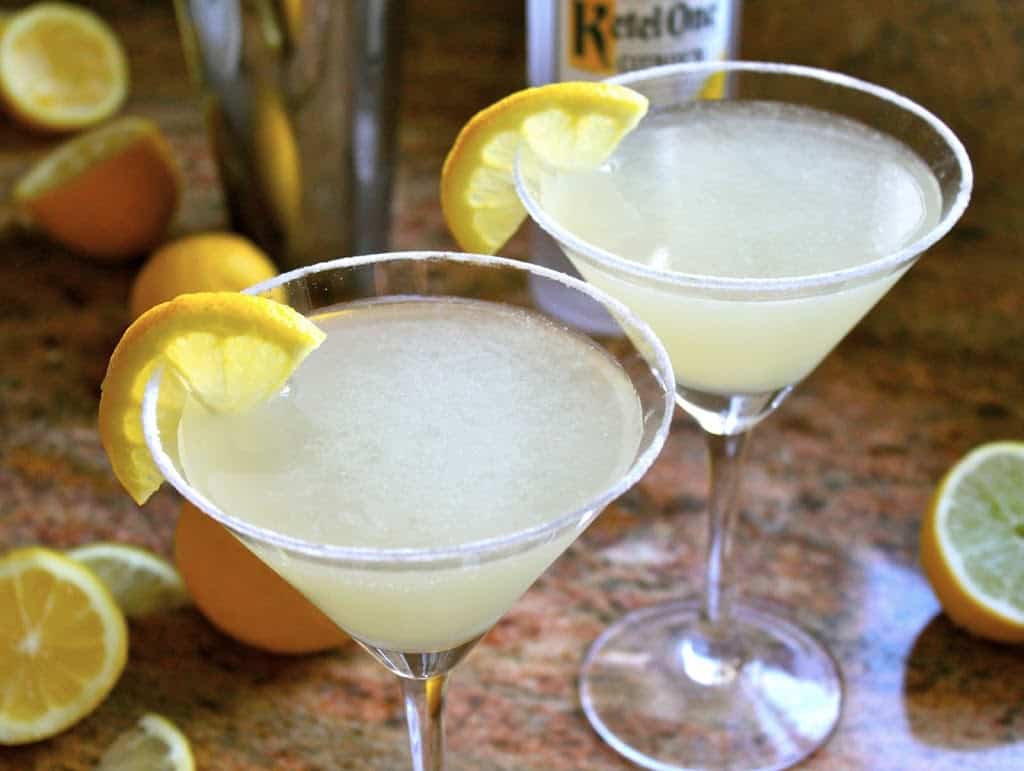 two lemon drop martinis on the counter