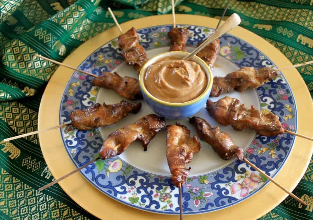 Singapore chicken satay skewers with peanut dipping sauce