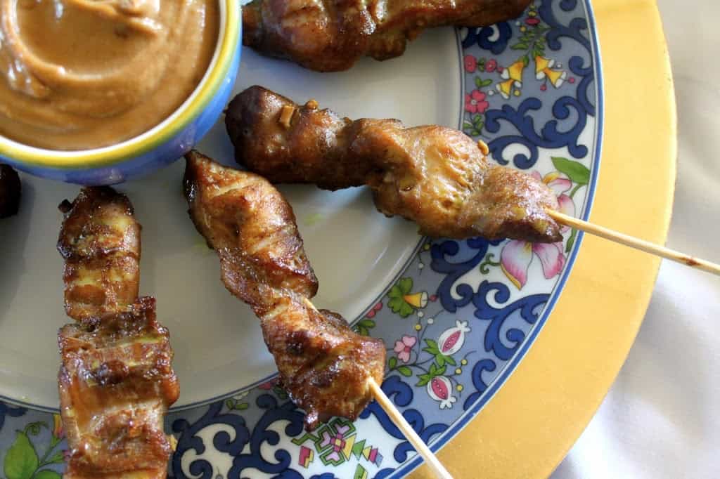 Singapore chicken satay skewers with peanut dipping sauce