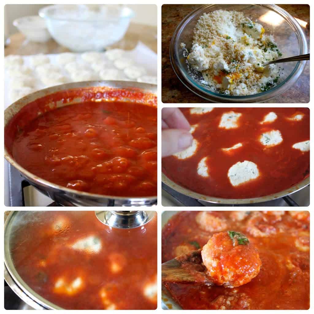 collage of step by step process of making fresh sauce and ricotta gnudi