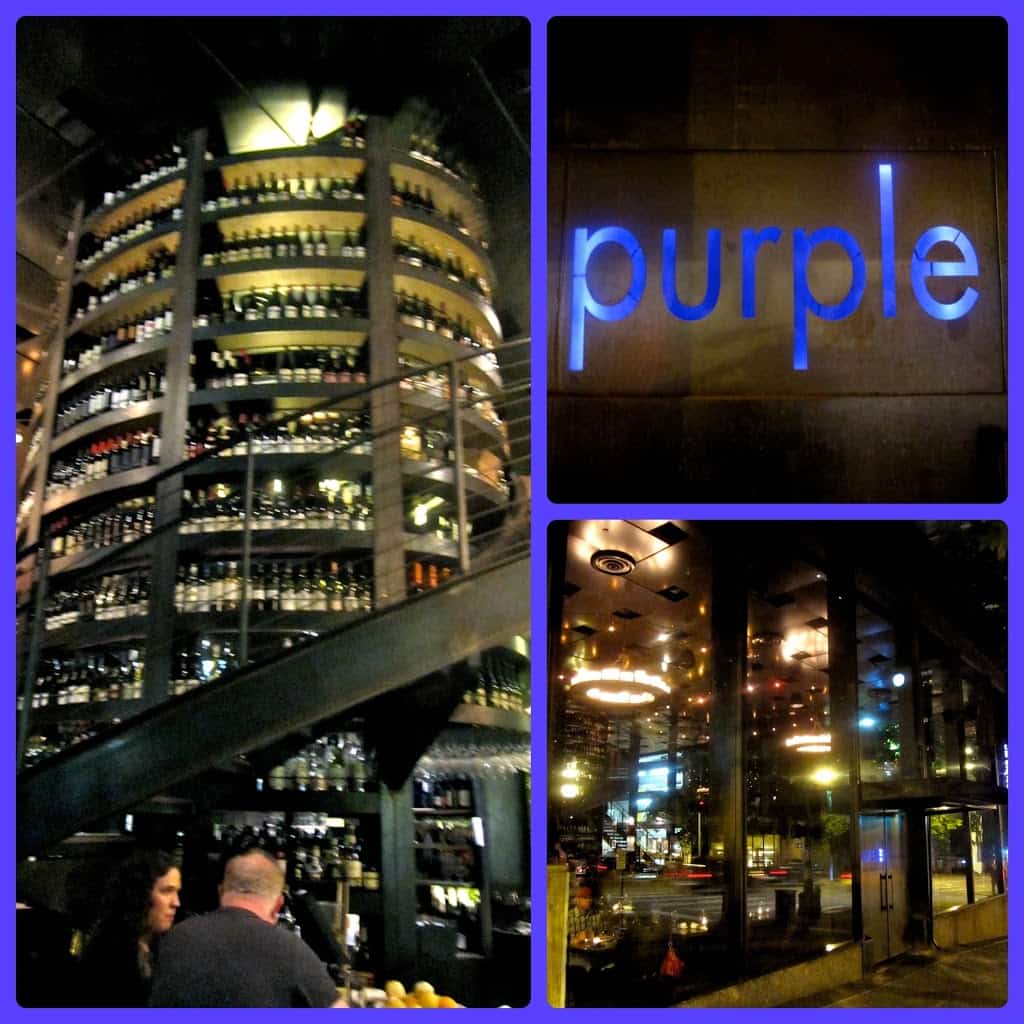Purple restaurant collage with wine tower