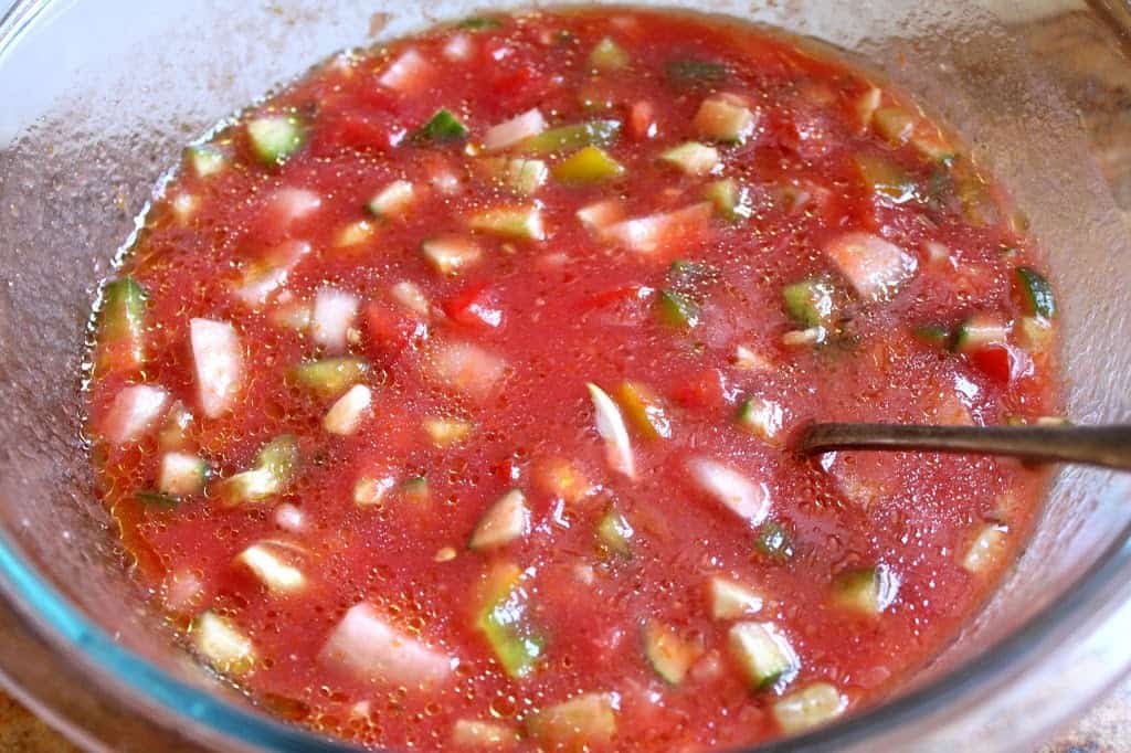 chopped vegetables in tomato juice
