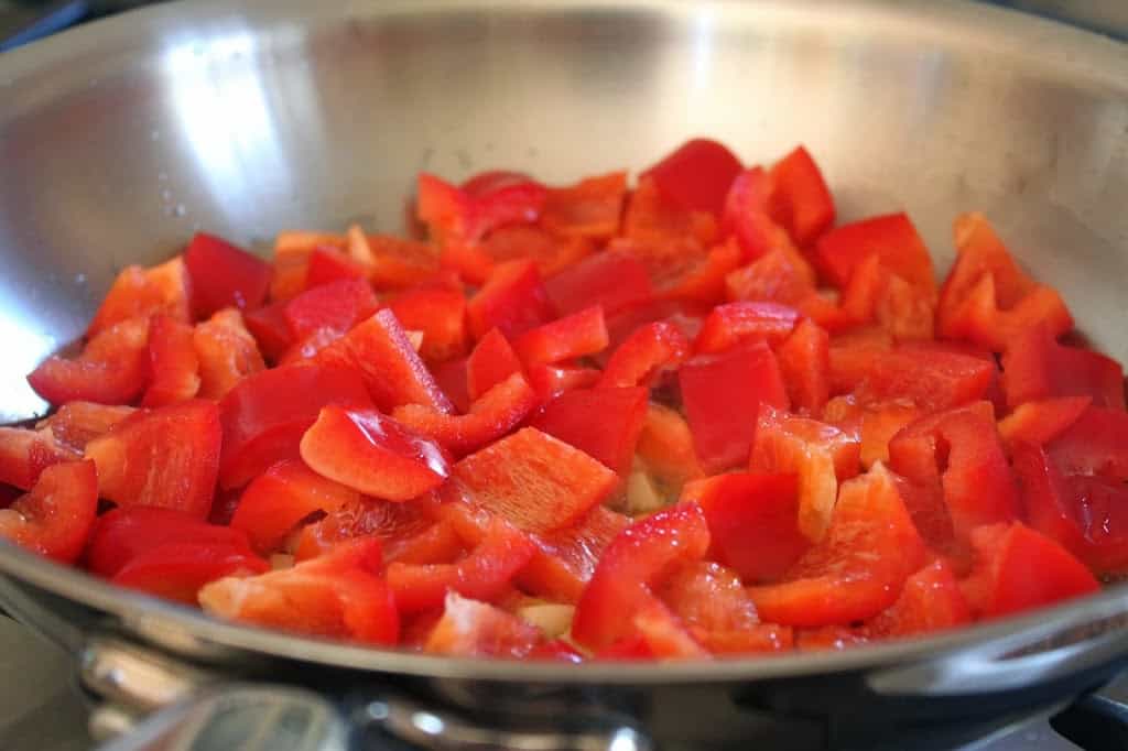frying diced red peppers