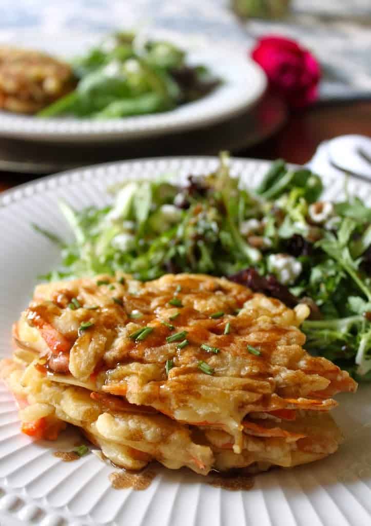 potato goat cheese cakes with a salad