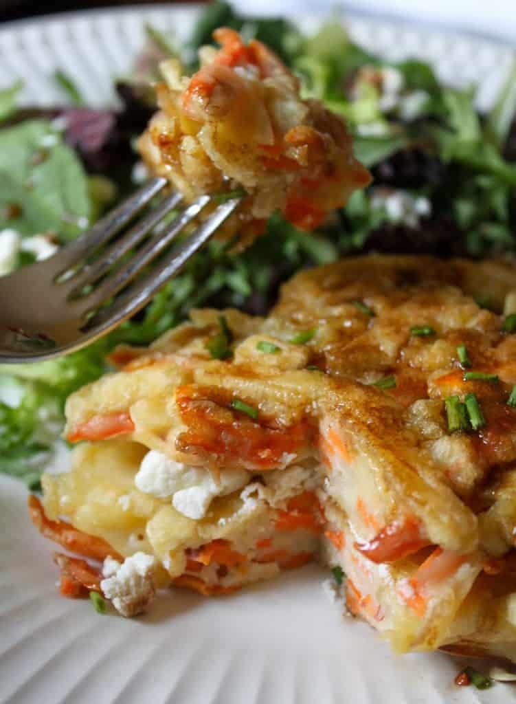 vegetarian potato goat cheese cakes with salad 