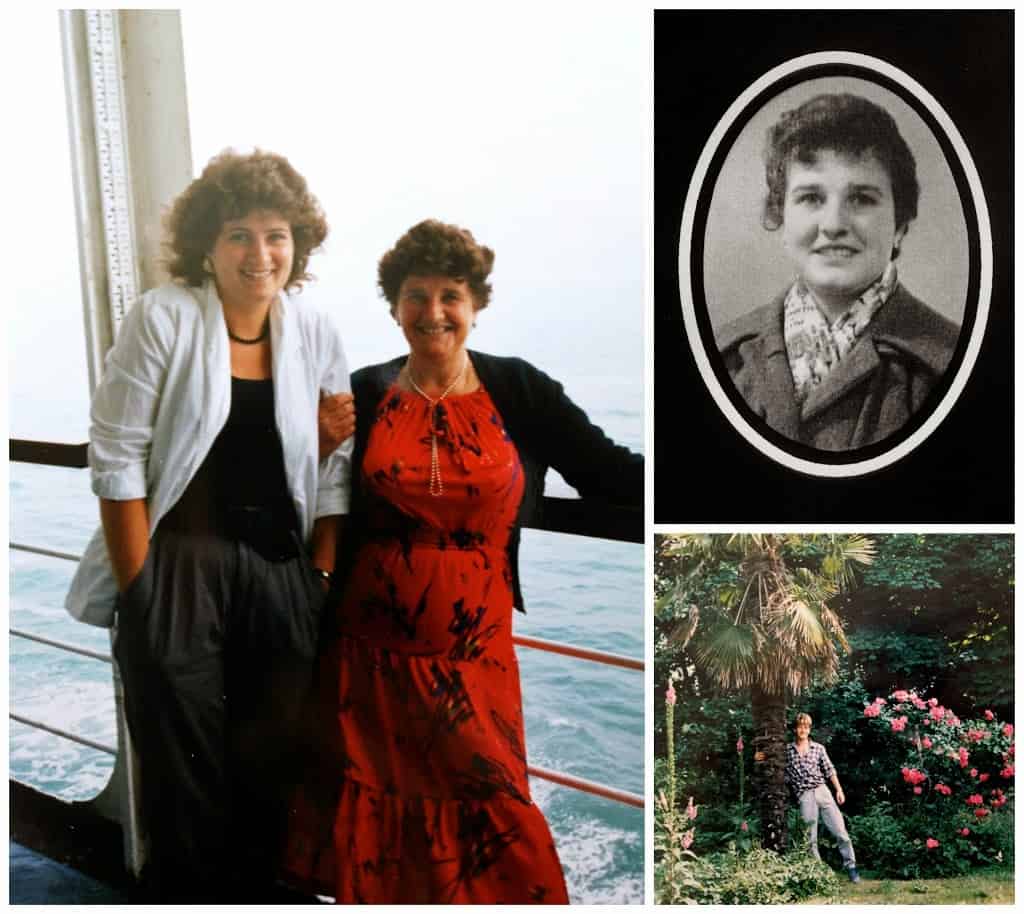 photo collage of Christina Conte with Aunt Rosa and cousin Dario by a palm tree in England