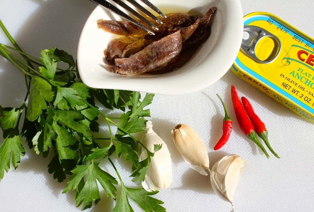 ingredients for spaghetti with anchovies