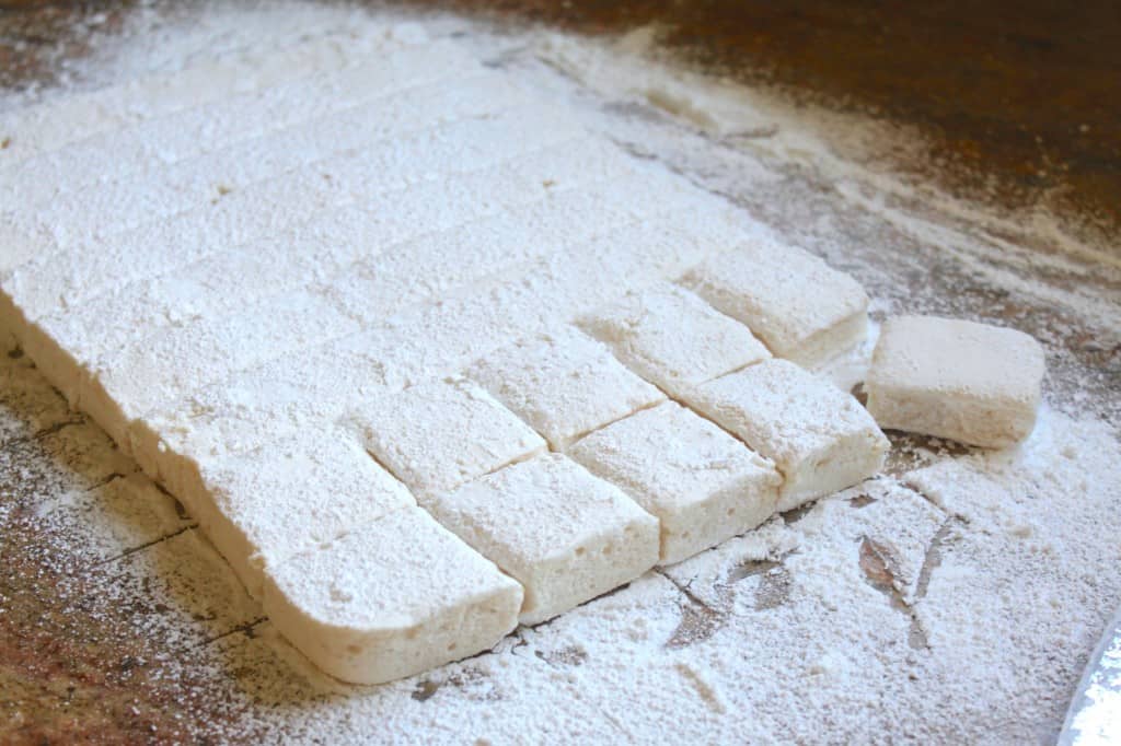 homemade marshmallows cut on a counter