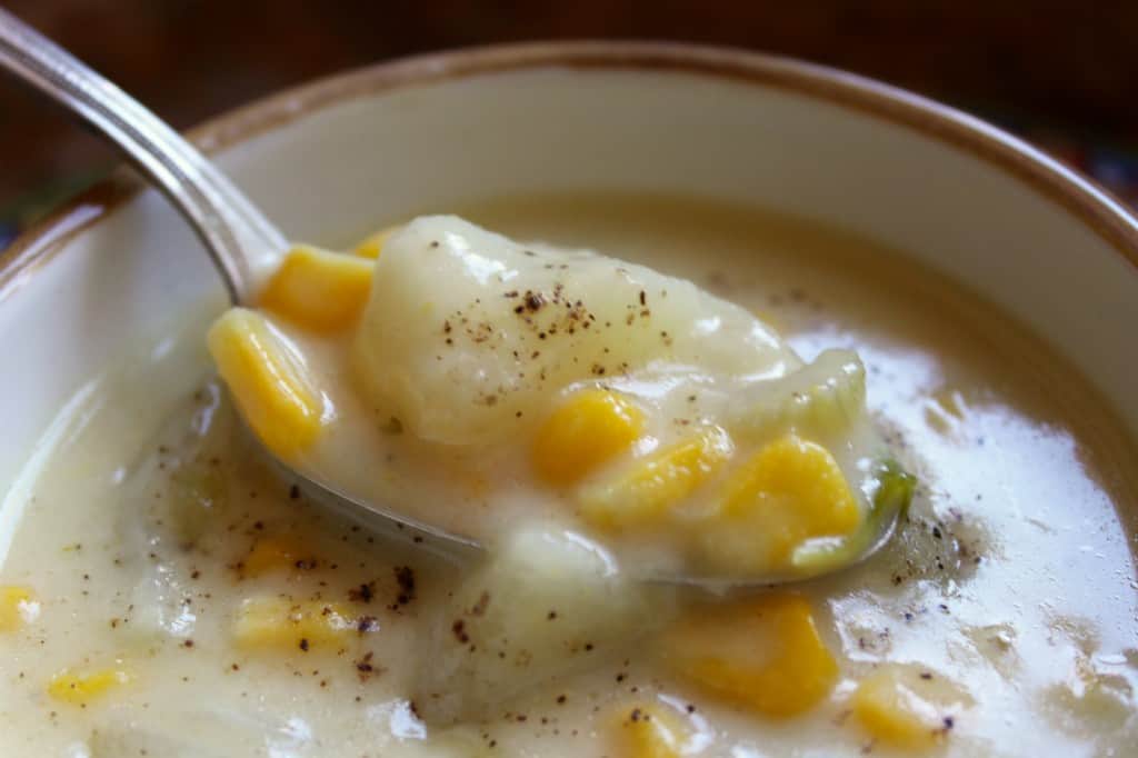 Spoonful of Corn Chowder in Bowl creamy without cream recipe