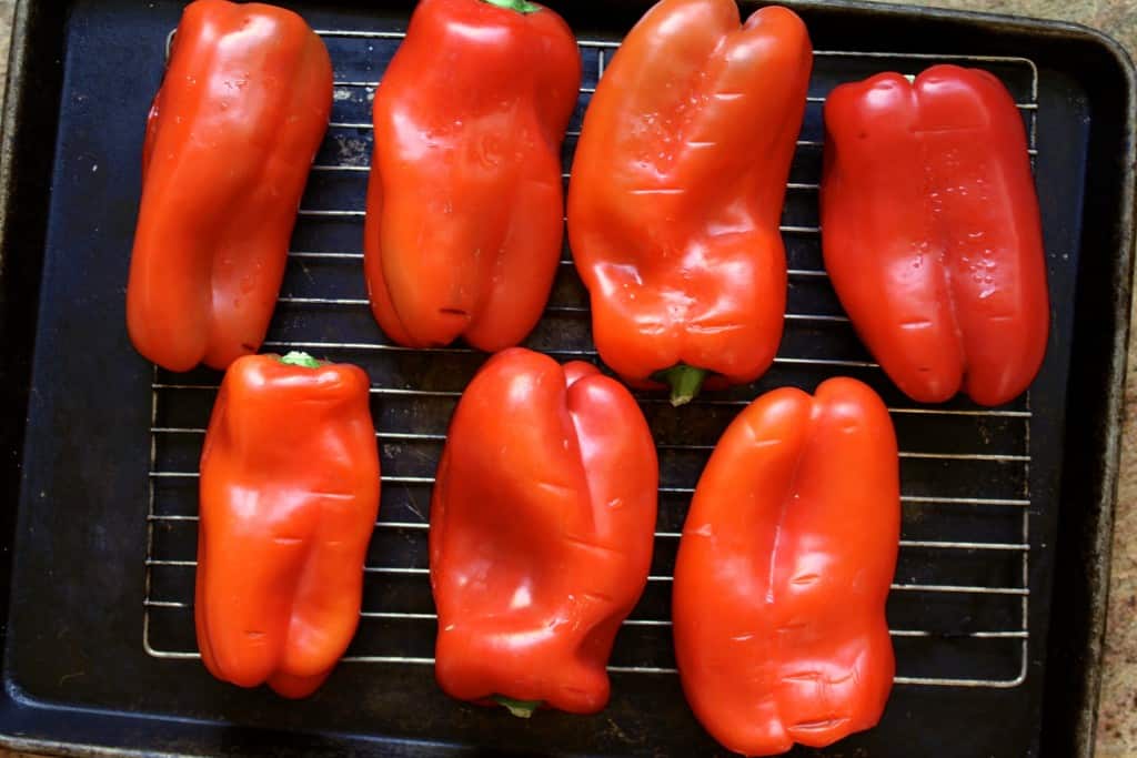 peppers on rack for roasted red pepper antipasto