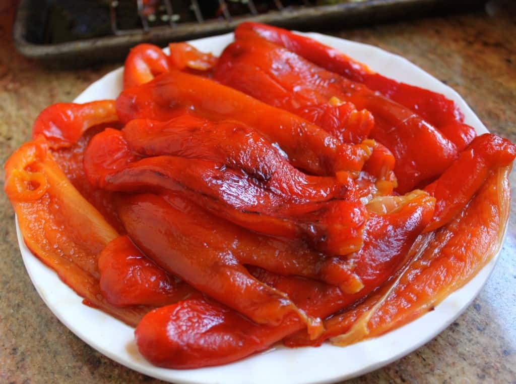 Plate of roasted peppers for roasted red pepper antipasto