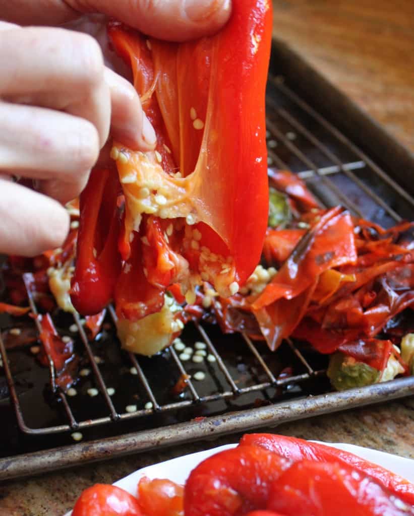 deseeding peppers for roasted red pepper antipasto