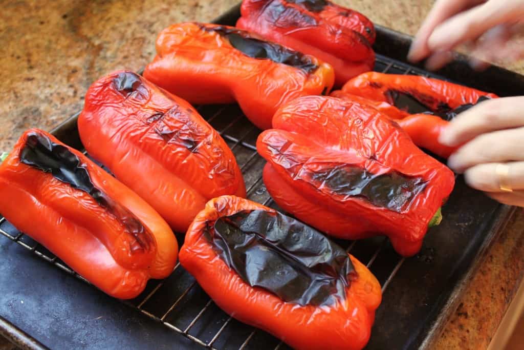 turning peppers for roasted red pepper antipasto