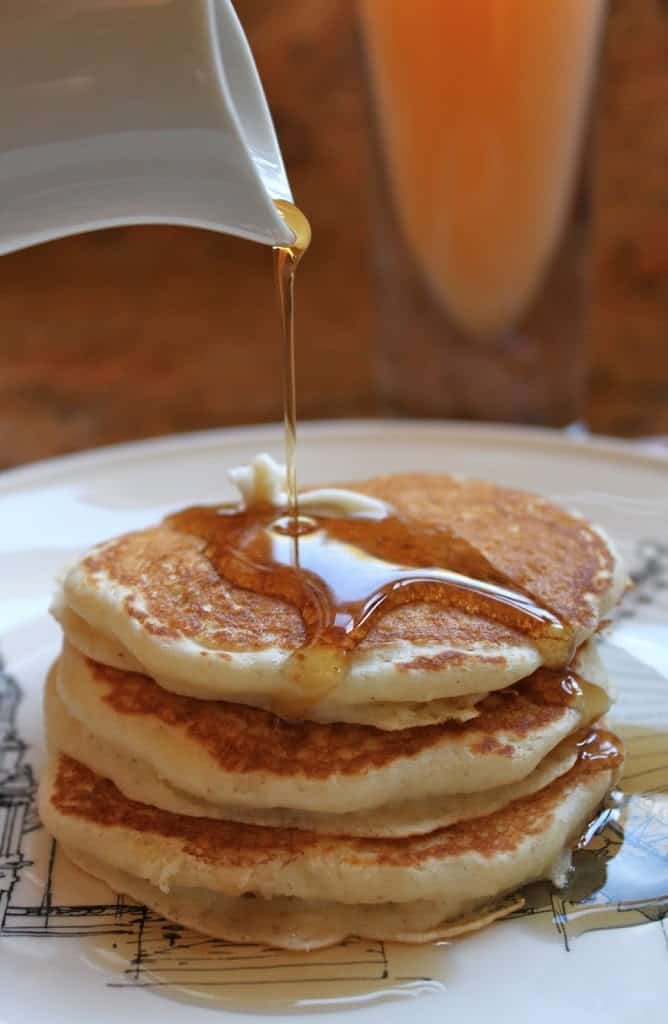 Pancakes made with real baking products served with real maple syrup