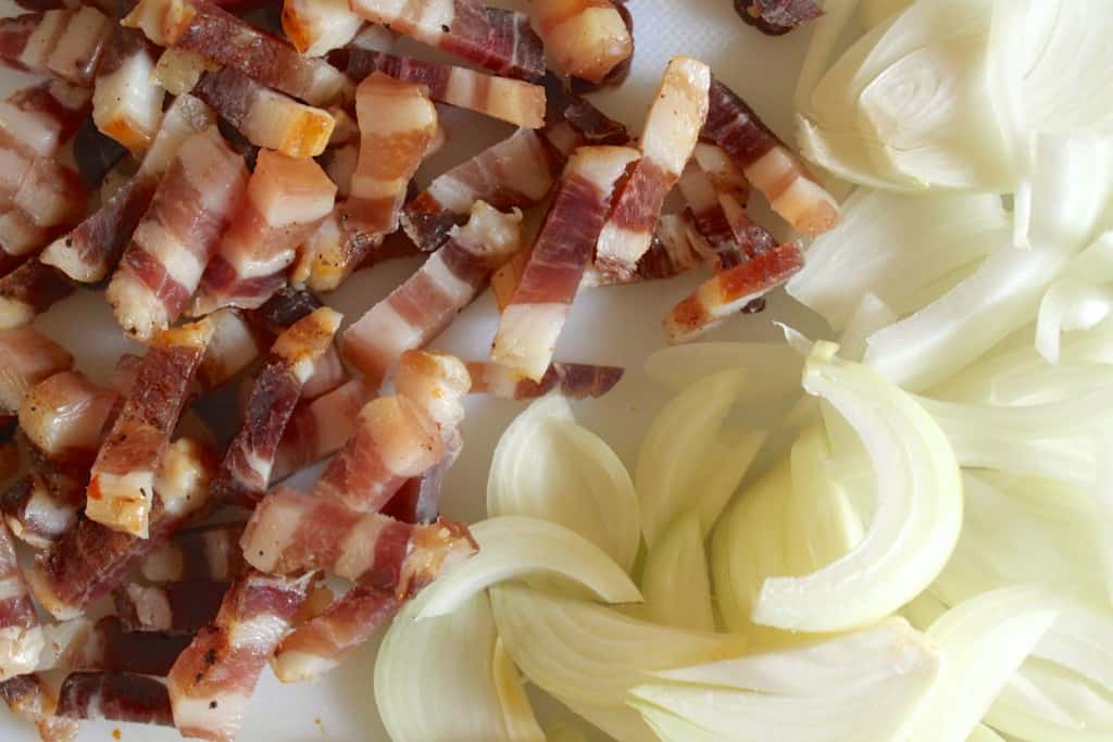 pancetta and onions for tartiflette recipe