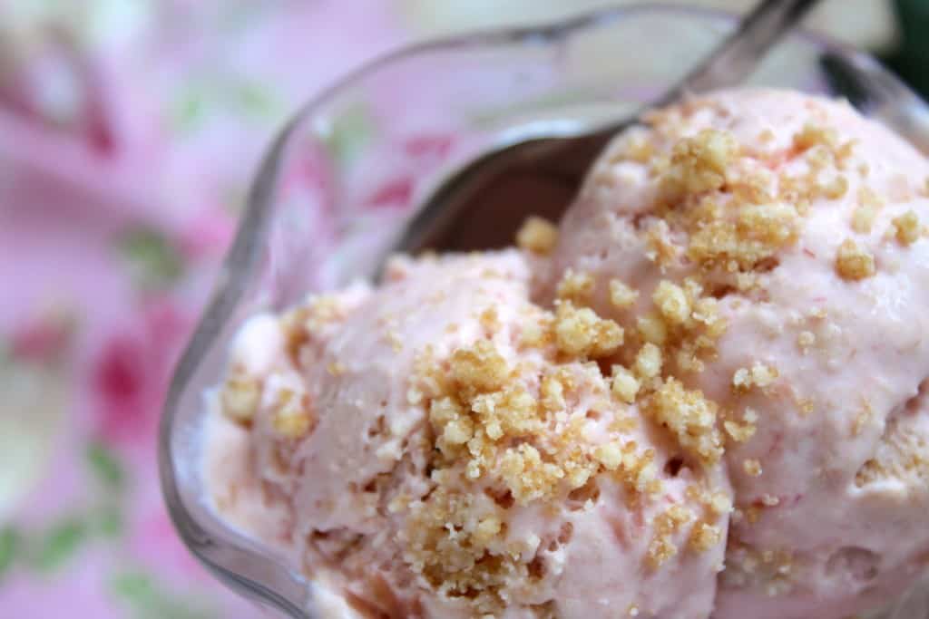 Rhubarb Ice Cream in a bowl with crumble