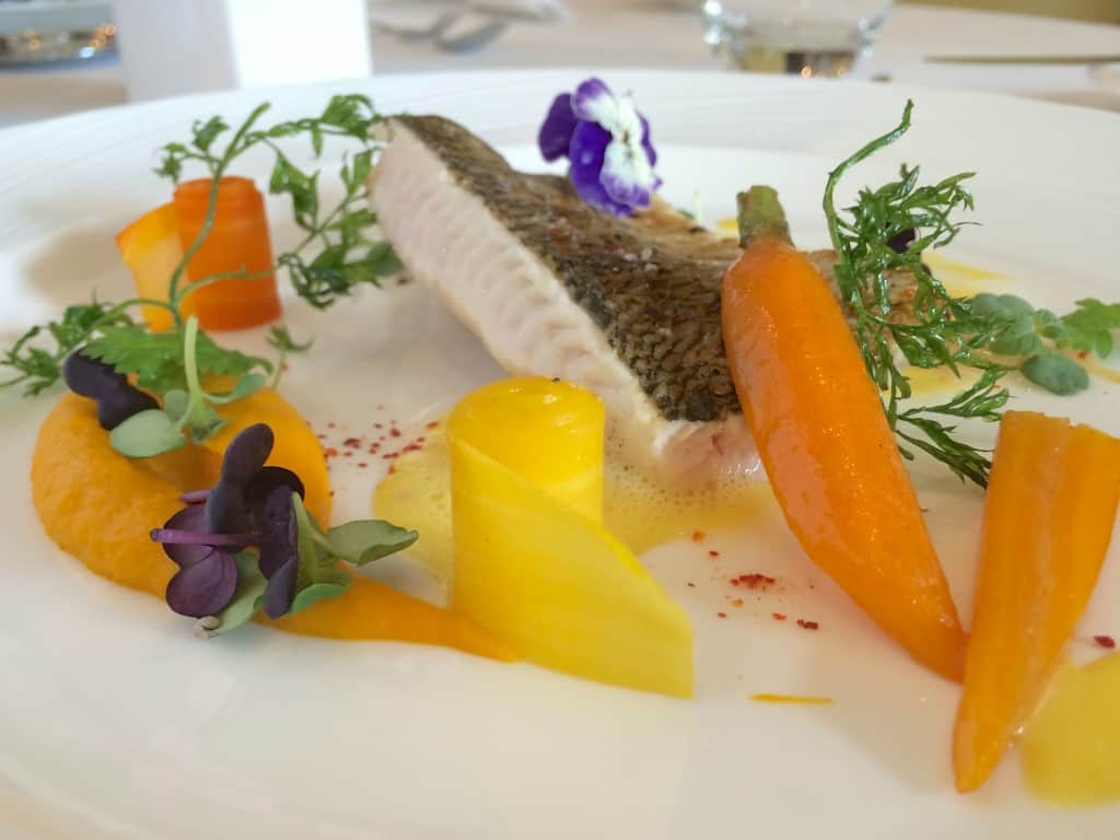 Fera fish beautifully plated by Chef Bedouet at Le Duo restaurant at the Hotel Royal in Geneva