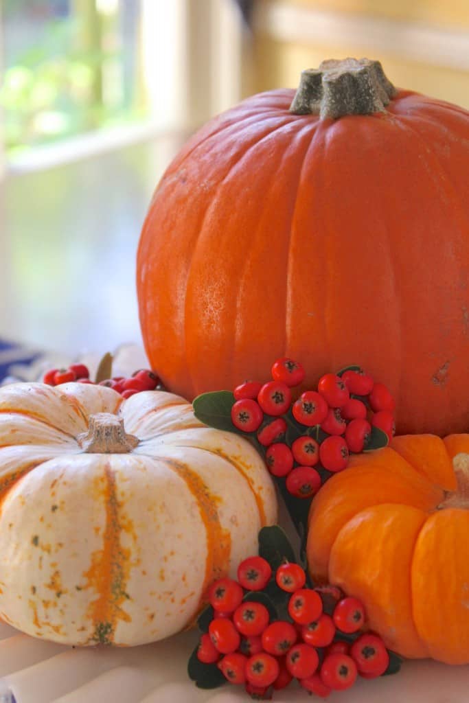pretty table centerpiece for fall with pumpkins