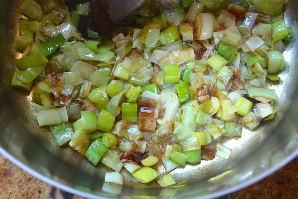 Caramelizing the leeks for risotto.