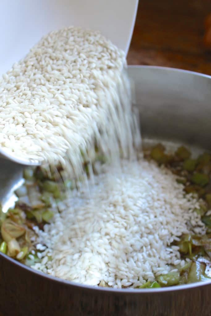 Adding Carnaroli rice for risotto