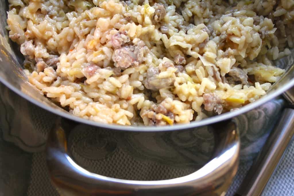 Lagostina risotto pot with leek and sausage risotto.