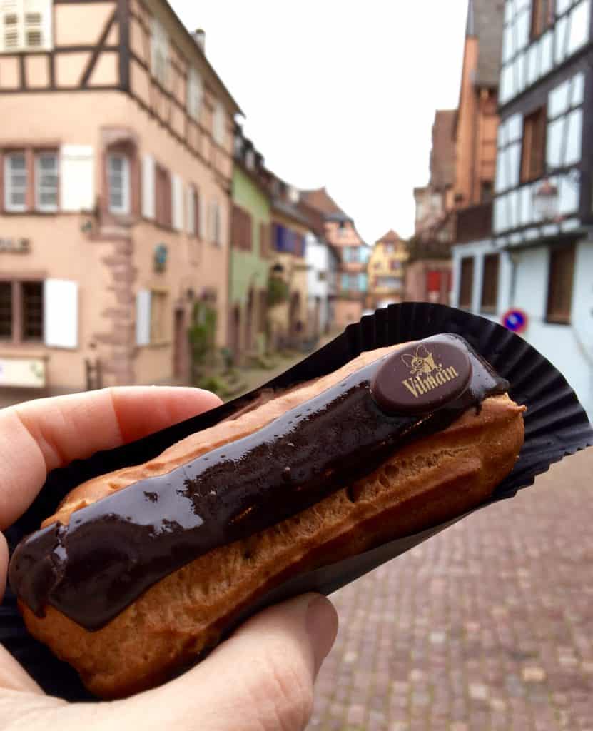 A chocolate eclair in Riquewihr, France