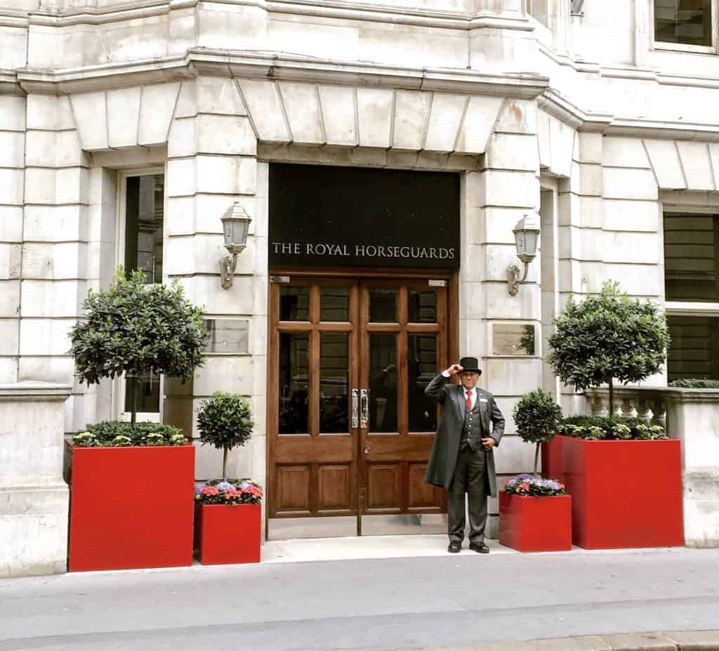 Getting a royal greeting at the Royal Horseguards Hotel in London, England.