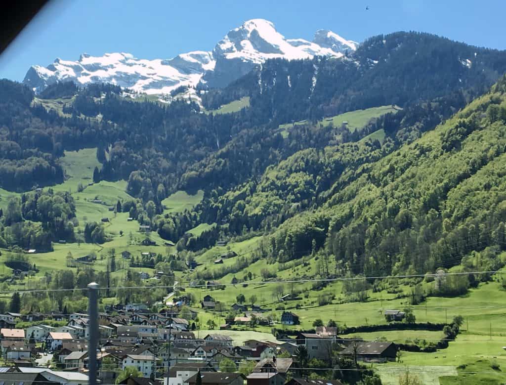 Scene out of our window in Switzerland driving from Switzerland to the Italian Lakes