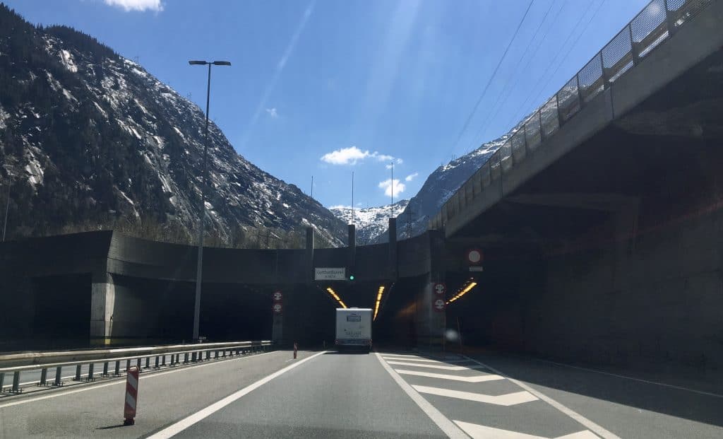 Entering the San Gotthard Tunnel driving from Switzerland to the Italian Lakes