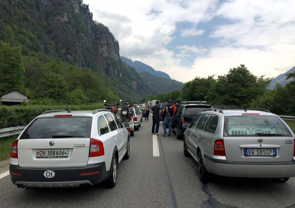 Traffic jam waiting to enter the Gotthard Tunnel