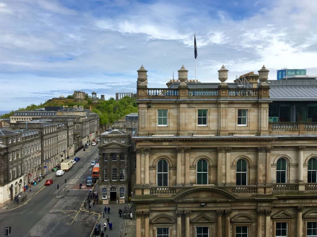 Calton Hill view along Princes Street from the Balmoral Hotel in Edinburgh.
