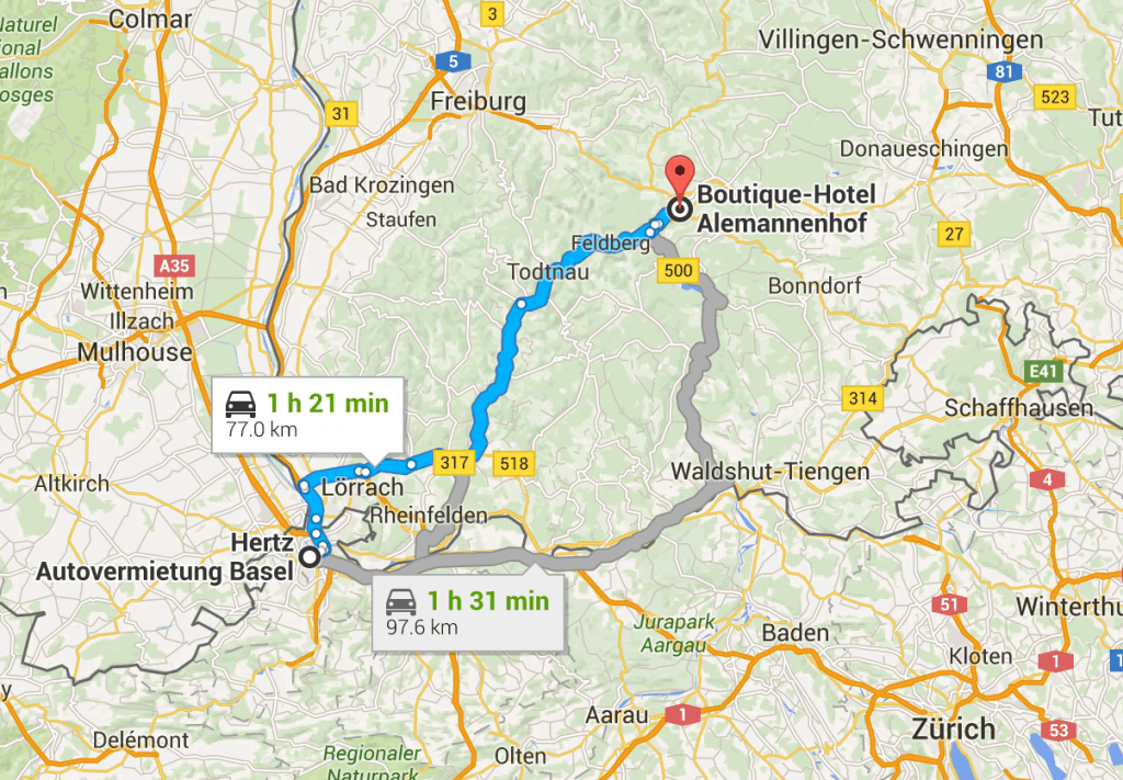 Map of Basel to Lake Titisee.