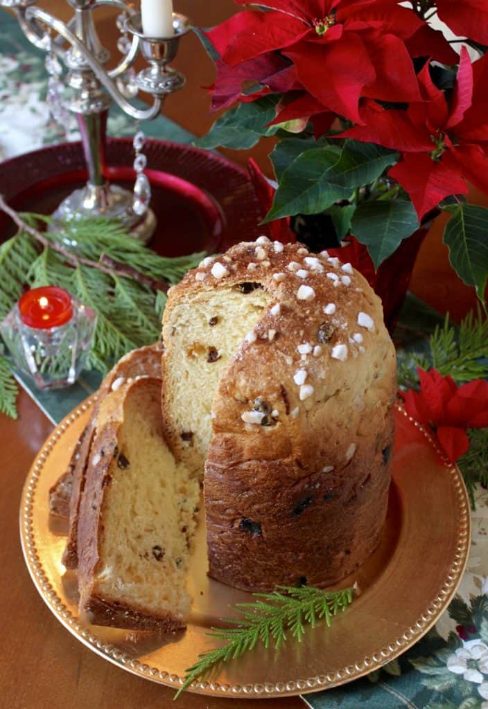 Perfect Italian Panettone with poinsettia and candelabra