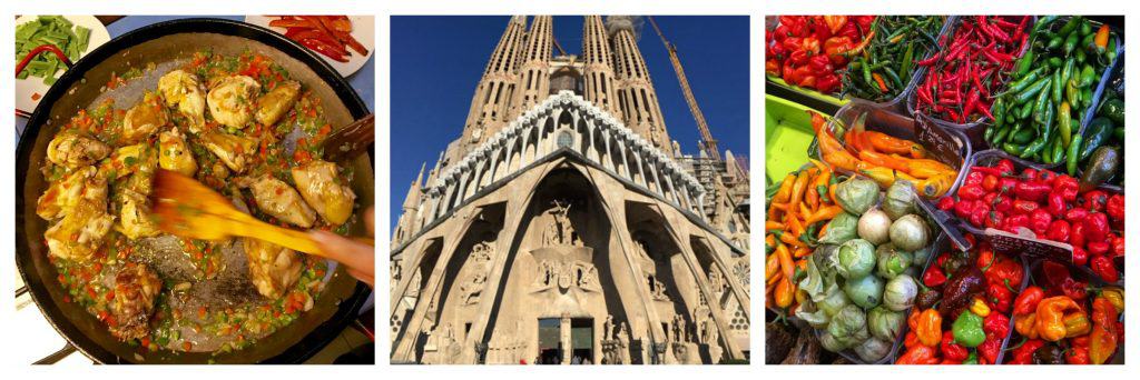 Paella, La Sagrada Familia, and La Boqueria market in Barcelona.