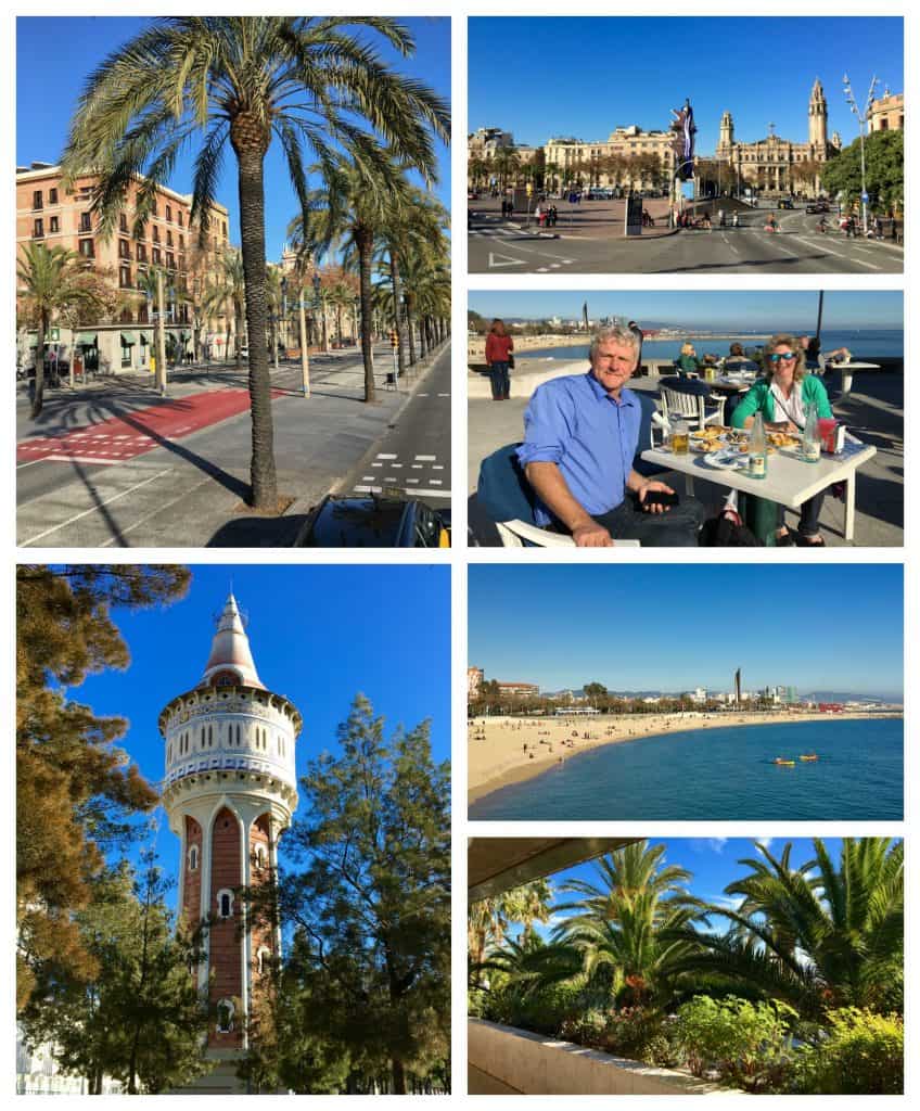 Barcelona waterfront collage including cousins eating patatas bravas