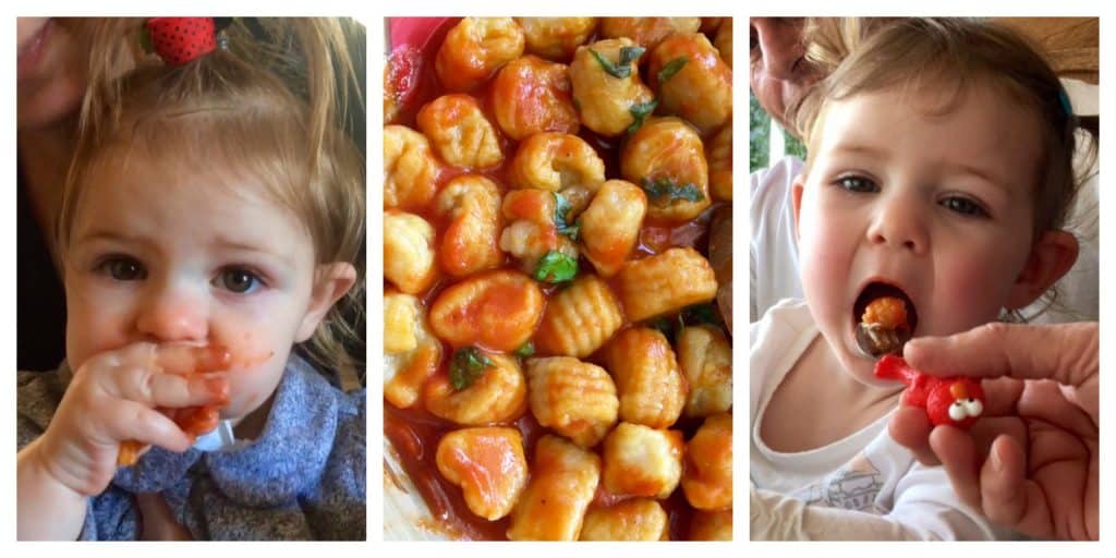 collage of baby eating gnocchi